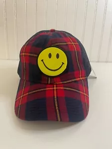 ""NEW ADAMS Unisex CAP RED & NAVY PLAID SMILING FACE PATCH "" - Picture 1 of 11
