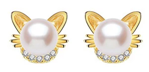 Women Real 925 Sterling Silver Cat Stud Pearl Smal Earrings Black White Yellow - Picture 1 of 15