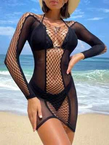 Sexy Hot Long Sleeve Fishnet Hollow Out Backless Bodycon Dress Babydol Beach US - Picture 1 of 5