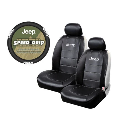 Brand New Jeep Logo Sideless Front Seat Covers & Steering Wheel Cover Set Foto 1 de 4