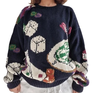 Vintage Perry Ellis Grobstrick Pullover Sweater Gr. S Baumwolle Darts Würfel Karten Pool - Bild 1 von 15