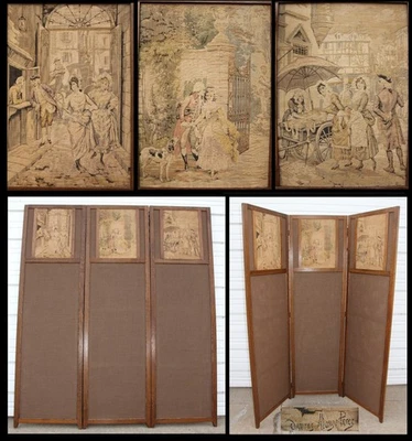3-панельный гобелен 1800-х годов с ПОДПИСЬЮ Алонзо Переса разделитель комнаты перегородка OakFrame - Изображение 1 из 4