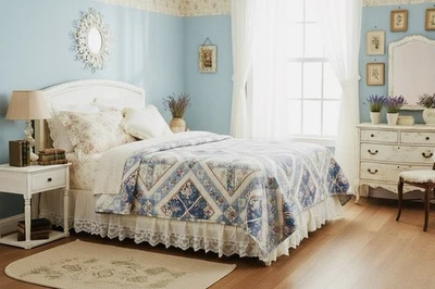 ¡Colcha/colcha tradicional de retazos florales y geométricos! Azul, crema, rosa! Foto 1 de 4