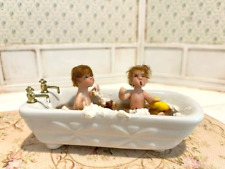Vintage Artisan Miniature Dollhouse Sculpted Kids in Porcelain Bathtub Diorama