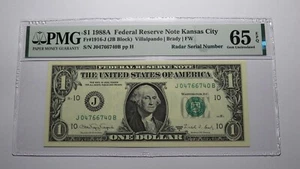 $1 1988 Radar Serial Number Federal Reserve Currency Bank Note Bill PMG UNC65EPQ - Picture 1 of 3