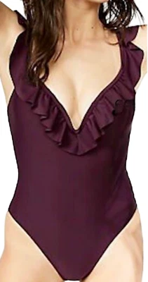 NUEVO TRAJE DE BAÑO EXPRESS SWIM CIRUELA VOLANTE ALAMBRE EN V UNA PIEZA TALLA XS Foto 1 de 4