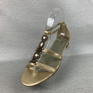 Talbots Sandals Flats Gold Leather Beaded T-Strap Ankle Buckle Strap Size 8B - Picture 1 of 12