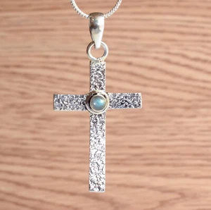 925 Sterling Silver Blue Fire labradorite Gemstone Handmade Pendant Cross -O37 - Picture 1 of 6