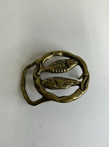 VINTAGE BRUTALIST MID CENTURY BELT BUCKLE SOLID BRASS PISCES ZODIAC MENS ARTISAN - Picture 1 of 3