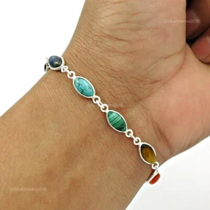 Marquesita Turquesa Natural 925 Plata Madre Bisel Cadena Chakra Pulsera Joyería - Imagen 1 de 6