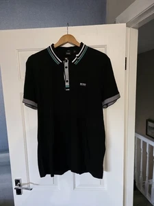 HUGO BOSS POLO SHIRT,BLACK WITH MULTI COLOURED COLLAR,NEW,NEVER WORN,XL,P/P 22IN - Picture 1 of 10