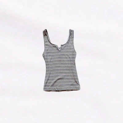 Olivaceous Multicolor Blue Pink Mustard Striped Ribbed Notch Neck Tank Top Small - Image 1 of 4