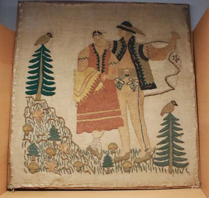 Antike Europäische Polnische Volkskunst Figuren Haken Teppich Szene Bäume. Vögel 30”x 31” - Bild 1 von 22