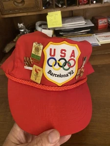 Vintage 1992 USA Barcelona Olympic Red Hat With Olympic Trading Pins - Picture 1 of 8