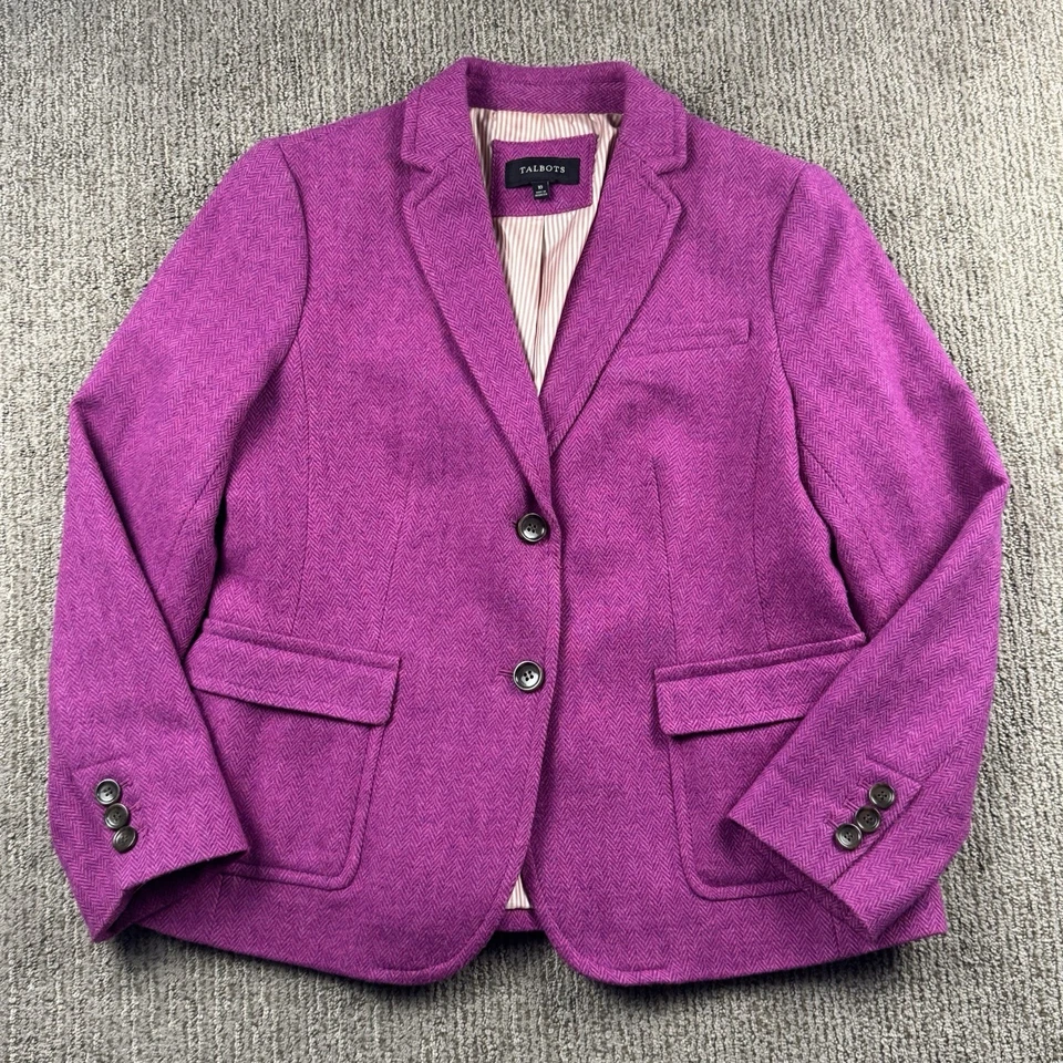 Chaqueta Blazer Talbots Mujer 10 Mezcla de Lana Dos Botones Espiga Púrpura Preppy Foto 1 de 4