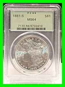 Atemberaubender 1881-S Morgan Silber Dollar 1 $ OGH PCGS MS64 - alter grüner Halter auffällig - Bild 1 von 5