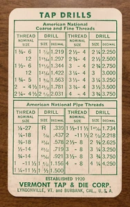 Taladro de grifo Vermont Tap & Die Corp de colección tabla de tallas Lyndonville Vermont VT P9d - Imagen 1 de 14