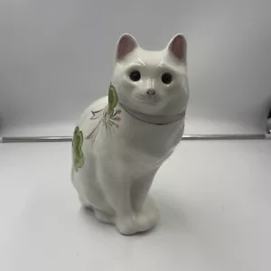 NS Gustin Co Keramik weiße Katze mit Glasaugen handdekoriert Vintage USA LA Cali - Bild 1 von 12