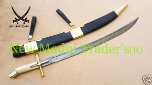 38" DAMASCUS BONE & BRASS CROSS GUARD HANDLE TATAR SWORD WITH WOODEN SCABBARD - Picture 1 of 7