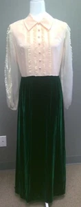 Vintage 70s Embroidered Lace Dress Green Velour Victorian Maxi Siro - Picture 1 of 10