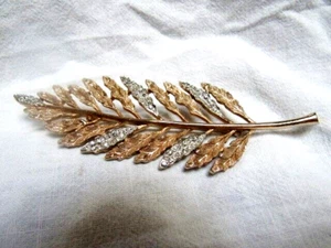 "Enorme prendedor vintage de hoja de oro con textura de 5"" diamantes de imitación transparentes excelente" - Imagen 1 de 16
