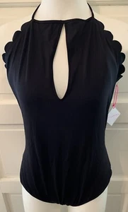 VANILLA BEACH Scallop Ribbed Hi Neck Cheeky One-Piece Swimsuit Black Juniors XL - Picture 1 of 8