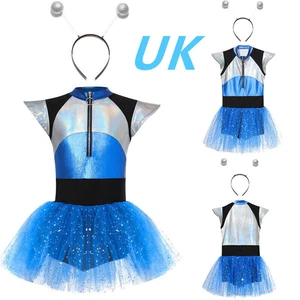 AU Kids Girls Alien Role Play Costume Carnival Dress with Alien Hair Hoop Outfit - Picture 1 of 20