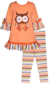 NEW Bonnie Jean Girls Size 4 "ORANGE OWL" Thanksgiving Halloween Top Pants NWT - Picture 1 of 3
