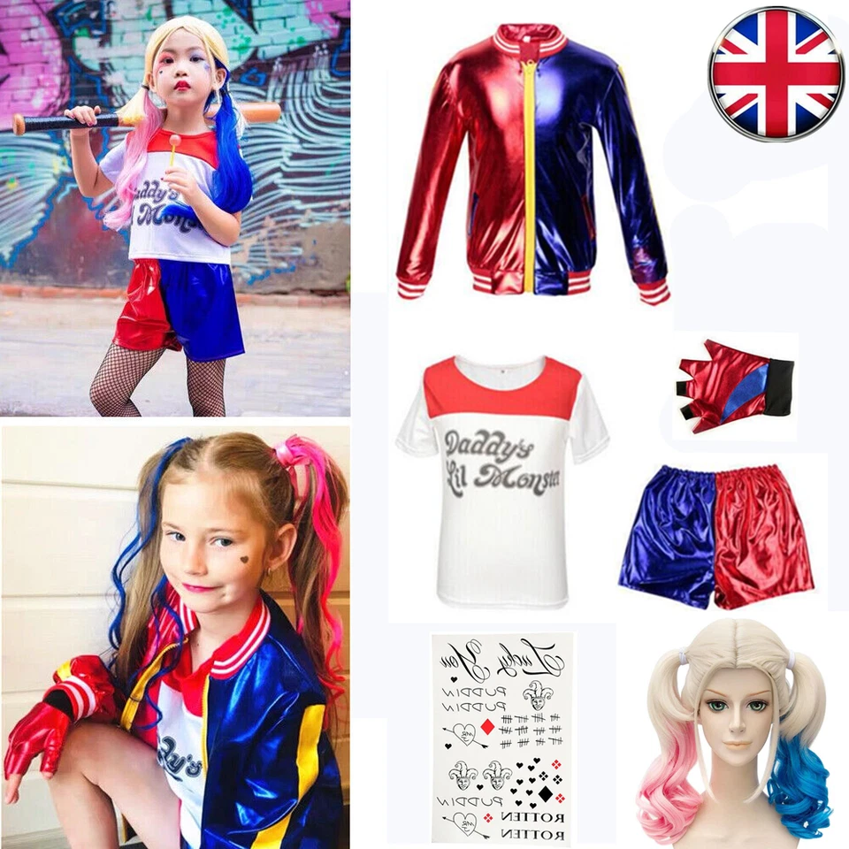 5PCS Kids Outfit Harley Quinn Suicide Squad Girl Halloween Cosplay Costume Suit  - Image 1 of 4