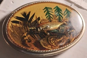 Vintage WALLEYE FISH Enamel Belt Buckle Hand Made USA By The Beaver Buckle Co. - Picture 1 of 4