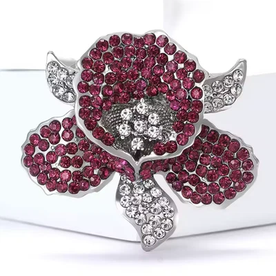 Broche prendedor retro brillante rosa cristal orquídea flor plata naturaleza joyería regalo Foto 1 de 4