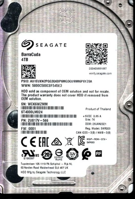 ST4000LM024 P/N: 2U817V-566 F/W: 0001 S/N: WCK6W 4TB JAN 2021 THAILAND SEAGATE - Image 1 of 2