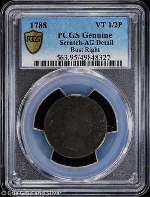 1788 Bust Right Vermont Colonial Copper 1/2 Penny PCGS Genuine AG Detail - Image 1 of 4