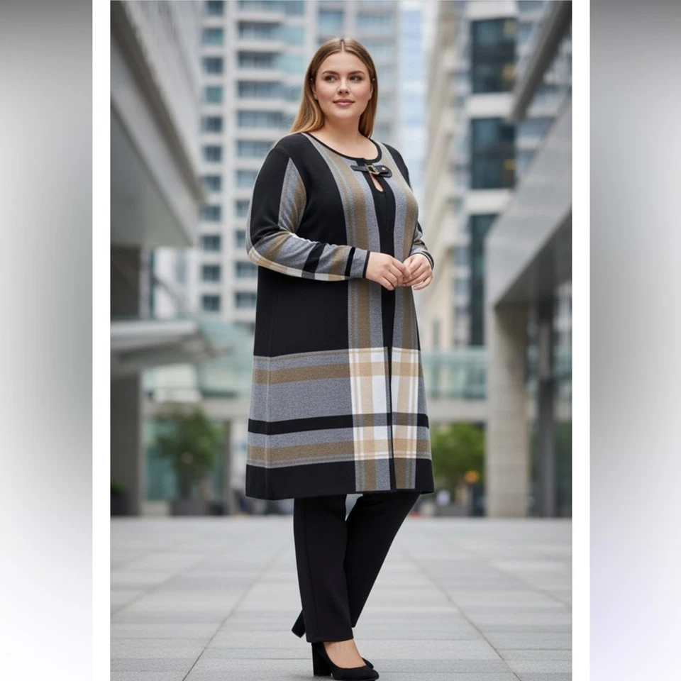 Cárdigan largo abierto Anne Klein imitación cuero camel a presión a cuadros Foto 1 de 4