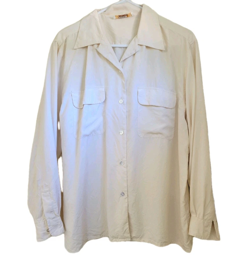 Camisa vintage para mujer 100 % seda crema abotonada manga larga cuello con bolsillos Foto 1 de 4