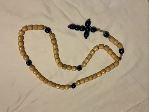 Wooden Beaded Rosary 28”-30”. Hand made -Natural / Navy Blue With Tan Cord - Picture 1 of 4