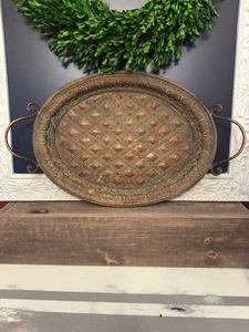 Rustic Oval Shaped Handled Embossed Decorative Metal Tray Diamond Pattern 23.5" - Picture 1 of 18