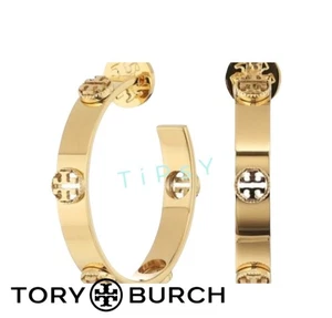 Tory Burch Gold Plated Hoop Earrings With Logo Studs - Picture 1 of 3