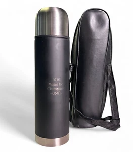 Vacuum Insulated Flask Thermos Matte Black Water Ice Champions 2015 Leather case - Picture 1 of 12