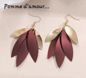 Boucle d'oreille création Pétales Bicolore, Bordeaux Et Doré, Neuf - Foto 1 di 1