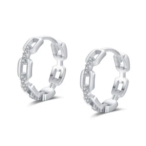 S925 Solid Sterling Silver Link Chains Zirconia Round Hoop Huggie Earrings Party - Picture 1 of 5