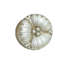Czech Glass Flower HP White Pearl Finish w/ Antiq Brown Wash Shank Button 18mm - Picture 1 of 9