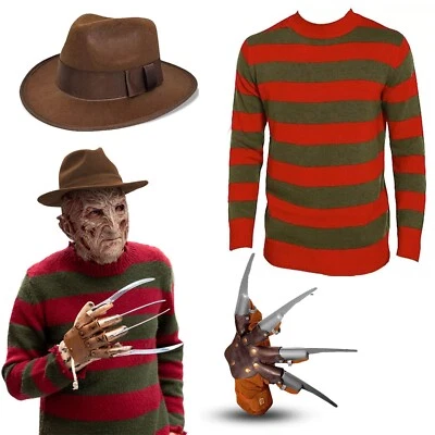 WHATCHUSEEK2010 Kids 3PC Freddy Krueger Costume Set Hat, Claw Glove & Red & Green Stripe Jumper
