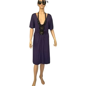 ABS by Allen Schwartz Purple V Neck Rhinestone Cap Sleeve Dress Size Large - Picture 1 of 12