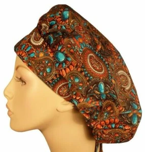 Surgical Chemo Scrub Cap Banded Bouffant Indian Jewelry Coral 214 - Picture 1 of 1