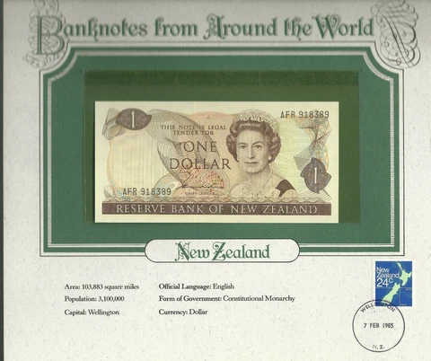 World Banknotes New Zealand 1 Dollar 1981-85 P-169a UNC Hardie Prefix AFR Cover