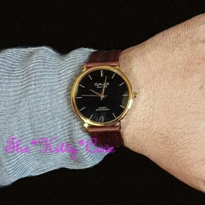 OMAX Classique Mince Unisexe Seiko Mouvement Cuir Marron Or & Noir Montre SC7491 - Picture 1 of 9