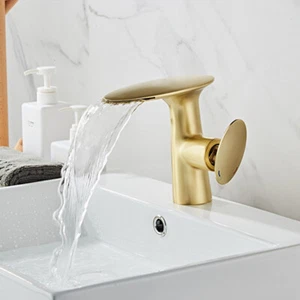 Bathroom Brushed Gold Cute Waterfall Wide Spout Mixer Single Handle Deck Mounted - Picture 1 of 11