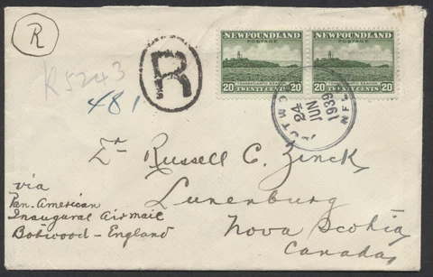 1939 AAMC #3921h Pan-Am Flight, Botwood to Southampton, Registered, Onward to NS Cover