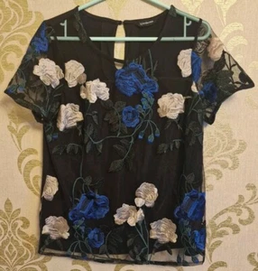 Silk Embroidered Floral Black Chiffon Ladies Lined Top Size 14 By Kaleidoscope - Picture 1 of 7